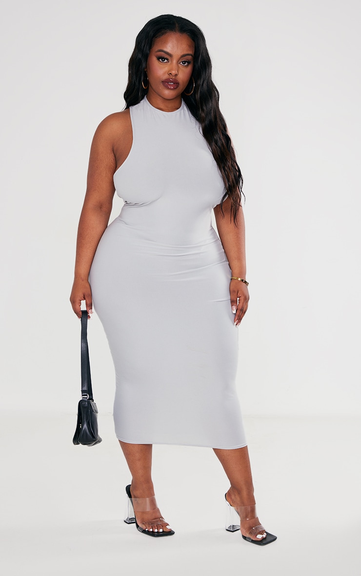 Plus Grey Soft Touch Racer Neck Bodycon Dress image 1