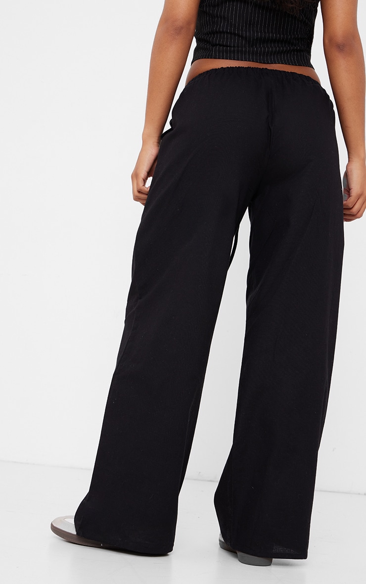 Black Linen Feel Drawstring Waist Pants image 3