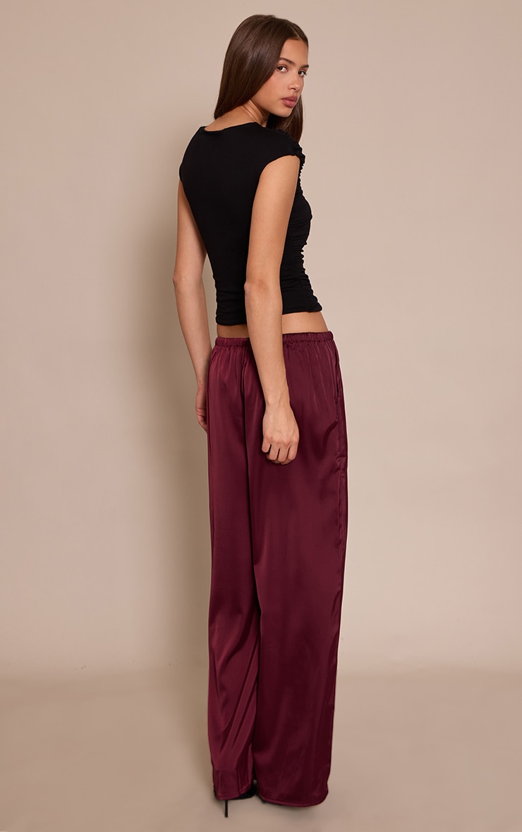 Burgundy Satin Low Rise Wide Leg Drawstring Pants image 3