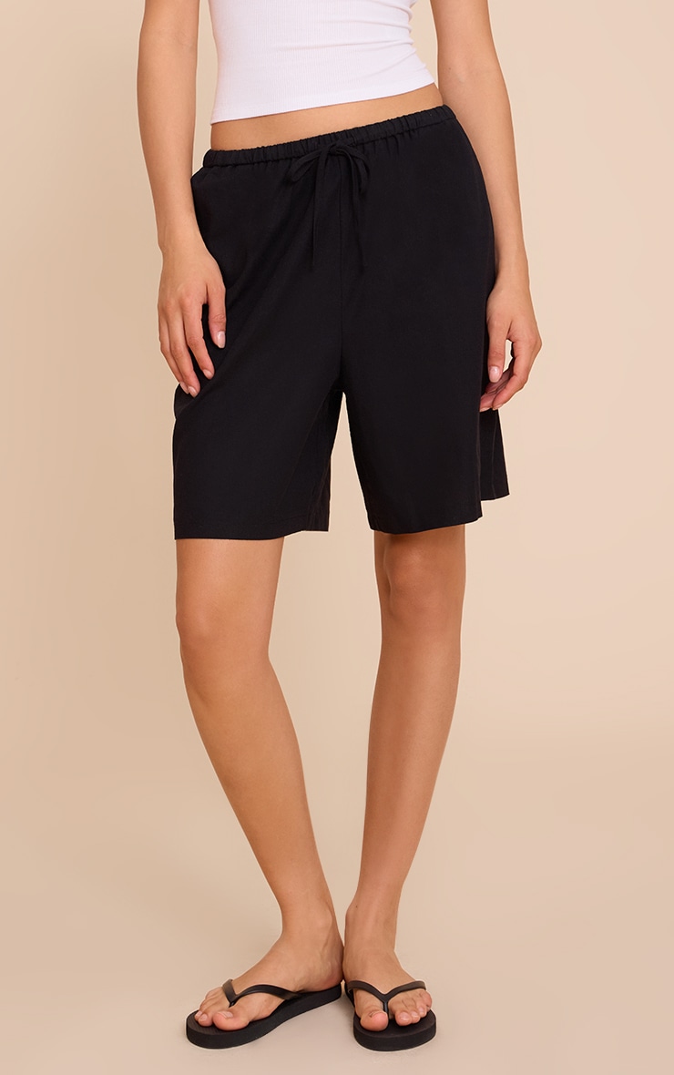 Black Linen Blend Longline Shorts image 2