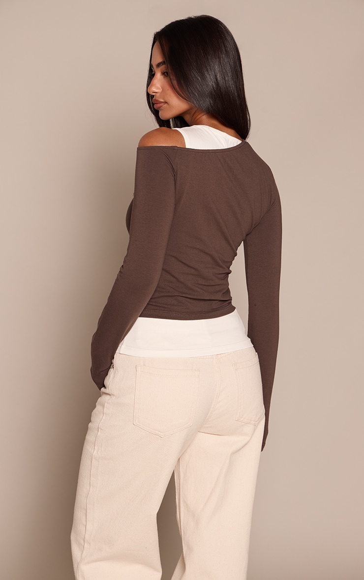 Petite Sand Contrast Double Layer Long Sleeve Asymmetric Top image 2