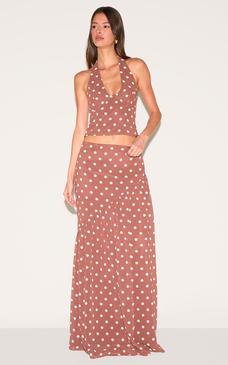 Chocolate Polka Dot Asymmetric Maxi Skirt image 1