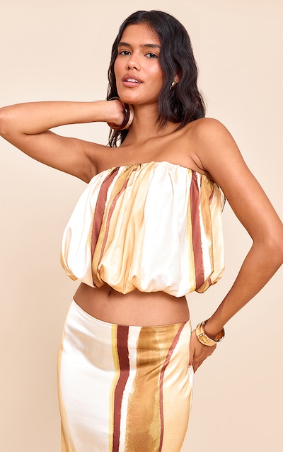 Multi Stripe Print Satin Puffball Bandeau Top