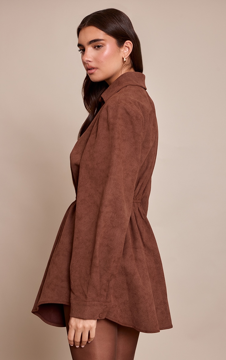 Chocolate Faux Suede Button Down Cinched Waist Mini Dress image 2