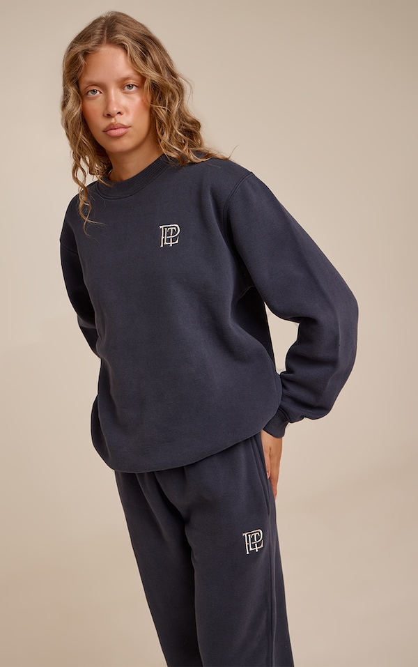 Navy PLT Embroidered Cotton Fleece Oversized Crew Sweatshirt