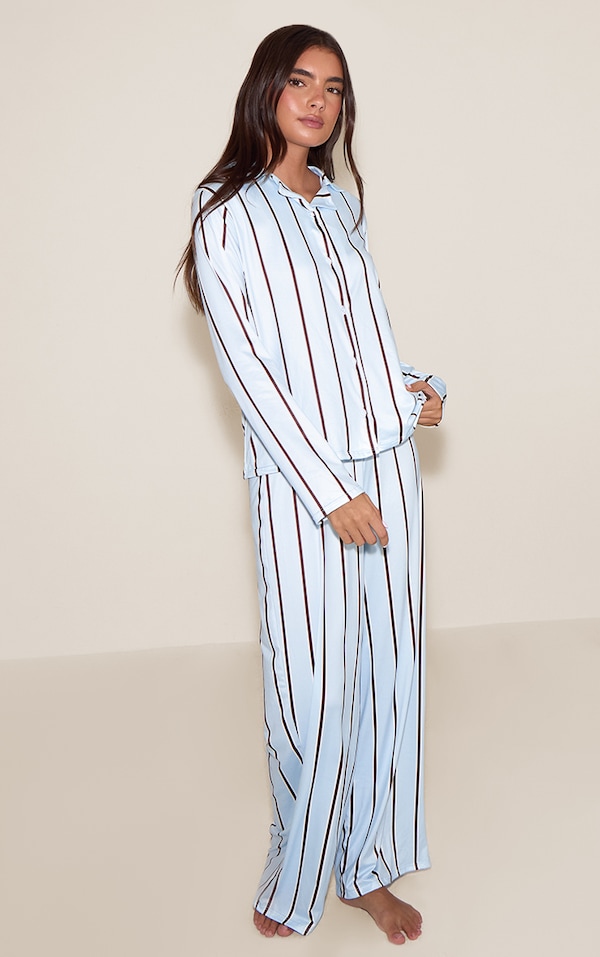 Blue & Brown Striped Long Sleeve Button Through PJ Set