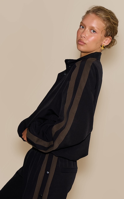 Black Tricot Stripe Detail Zip Through Track Jacket