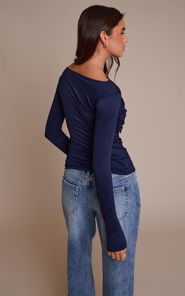 Navy Soft Touch Drape Detail Long Sleeve Top  image 2