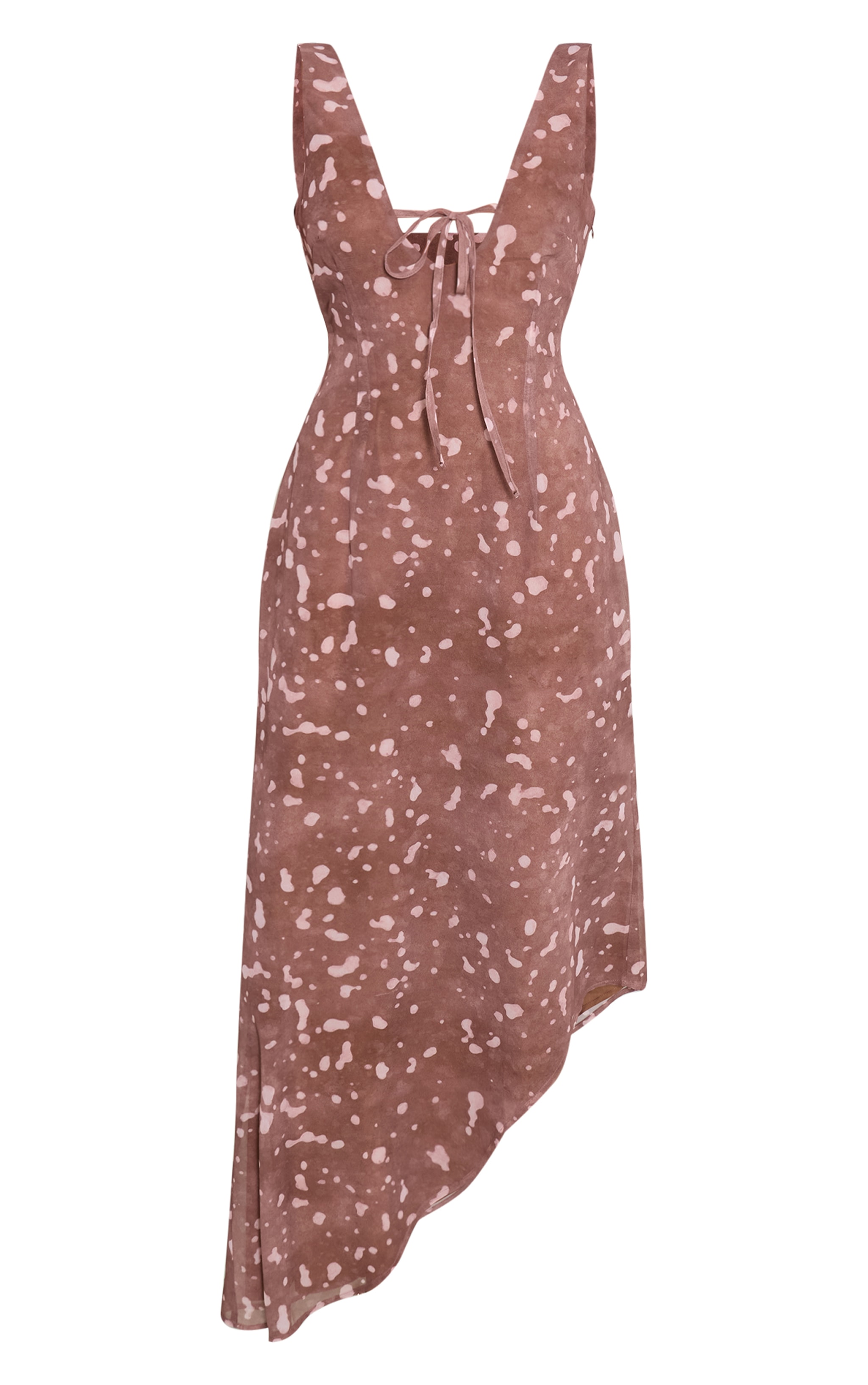 Beige Abstract Printed Textured Chiffon Tie Detail Asymmetric Maxi Dress image 5