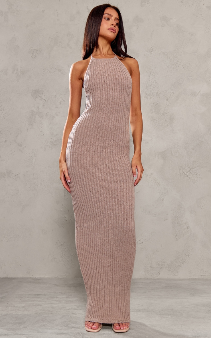 Petite Deep Taupe Knitted Open Back Maxi Dress image 3