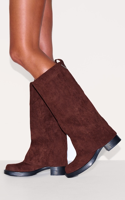 Chocolate Faux Suede Block Heeled Fold Over Knee High Boots