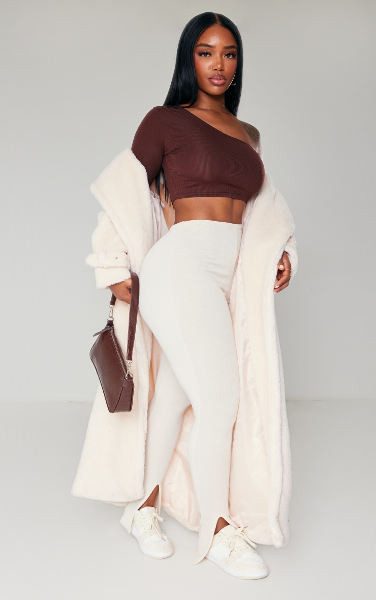 Shape Chocolate Brown Rib Asymmetric Sleeve Crop Top image 3