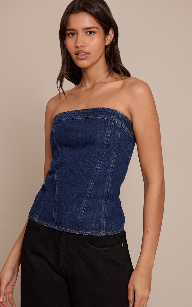 Tall Indigo Strapless Bustier Detail Denim Corset Top image 1