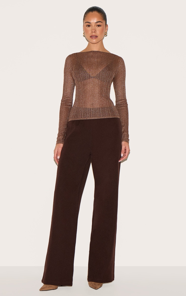 Chocolate Sheer Knit Long Sleeve Boat Neck Top image 3