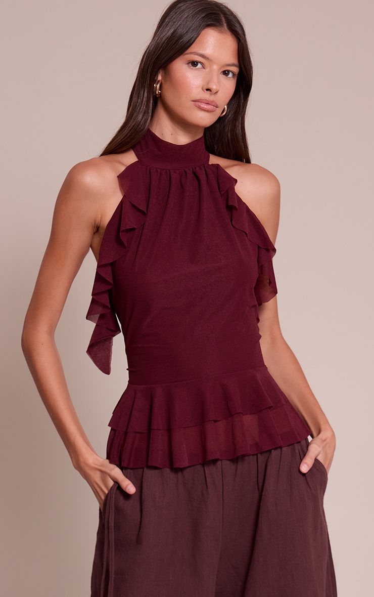 Wine Stretch Chiffon Frill Detail Highneck Top image 1