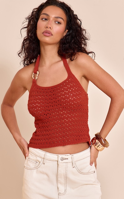 Rust Crochet Trim Detail Halter Top