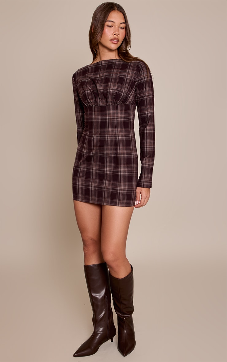 Brown Check Boat Neck Long Sleeve Bodycon Dress image 3