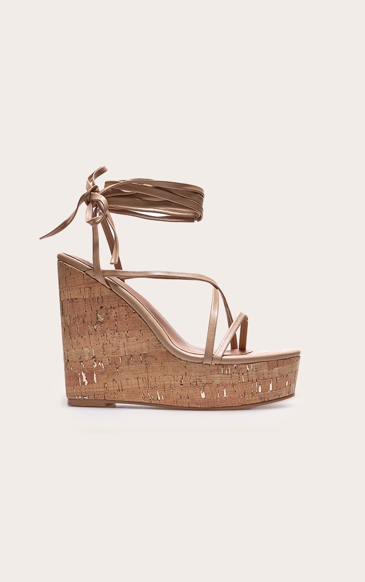 Nude Pu Strappy Lace Up High Heel Cork Wedges image 5