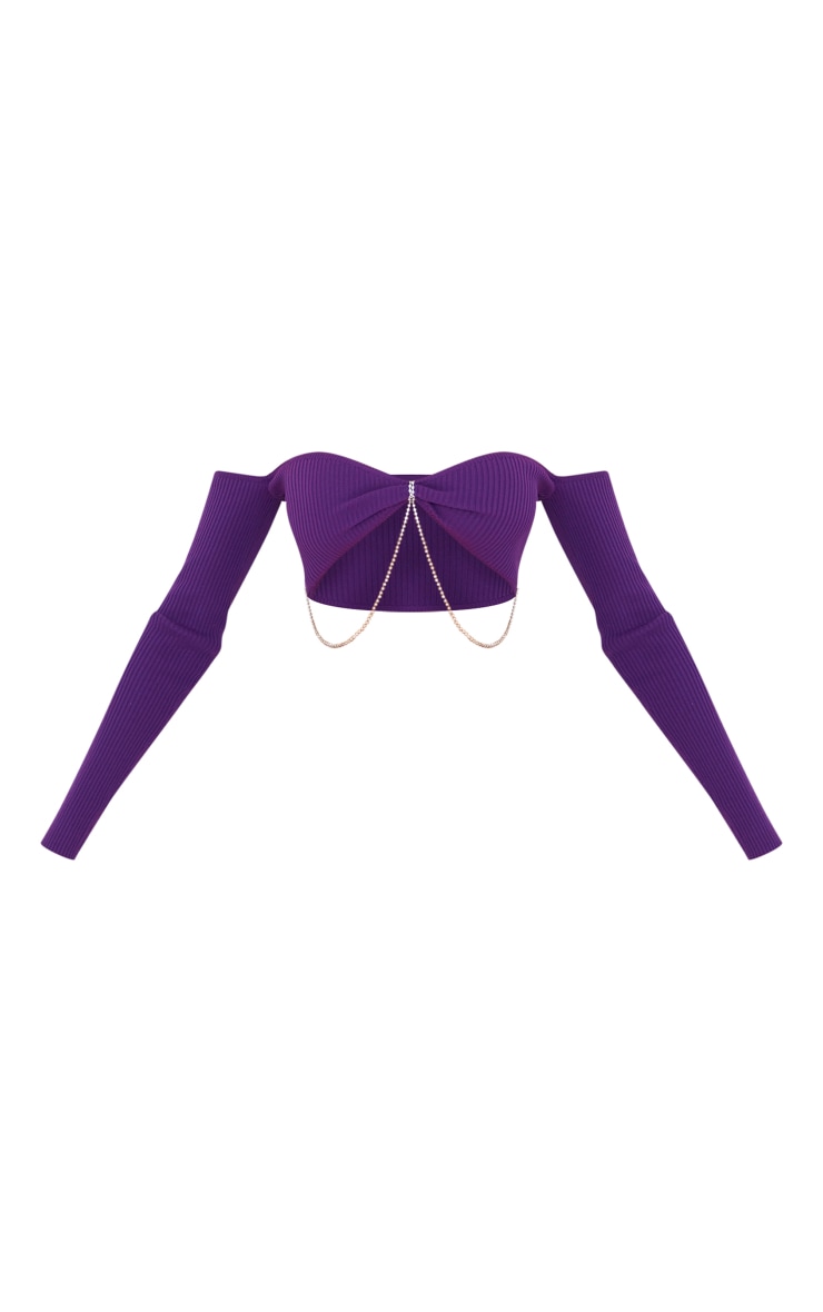 Purple Diamante Tie Neck Knit Crop Top image 5
