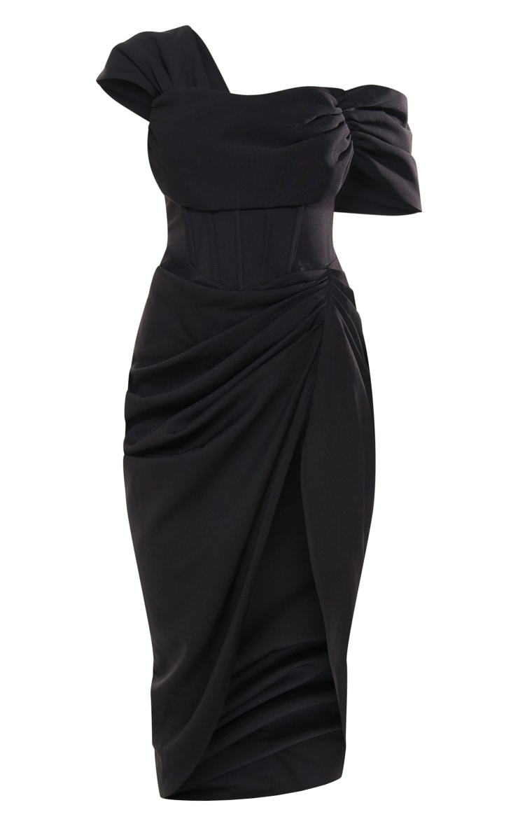 Black Corset Bardot Draped Midi Dress image 5