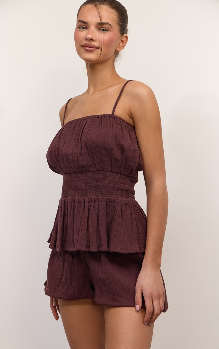 Brown Textured Cheesecloth Cinched Top