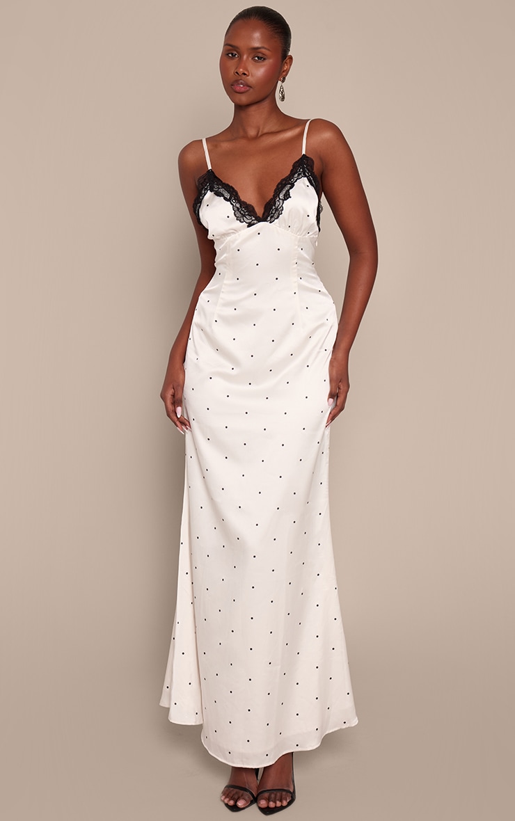 White Satin Polka Dot Lace Cup Maxi Slip Dress