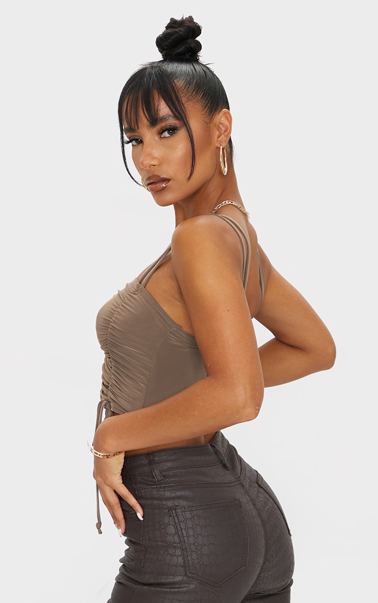 Chocolate Slinky Ruched Detail Strappy Crop Top image 1