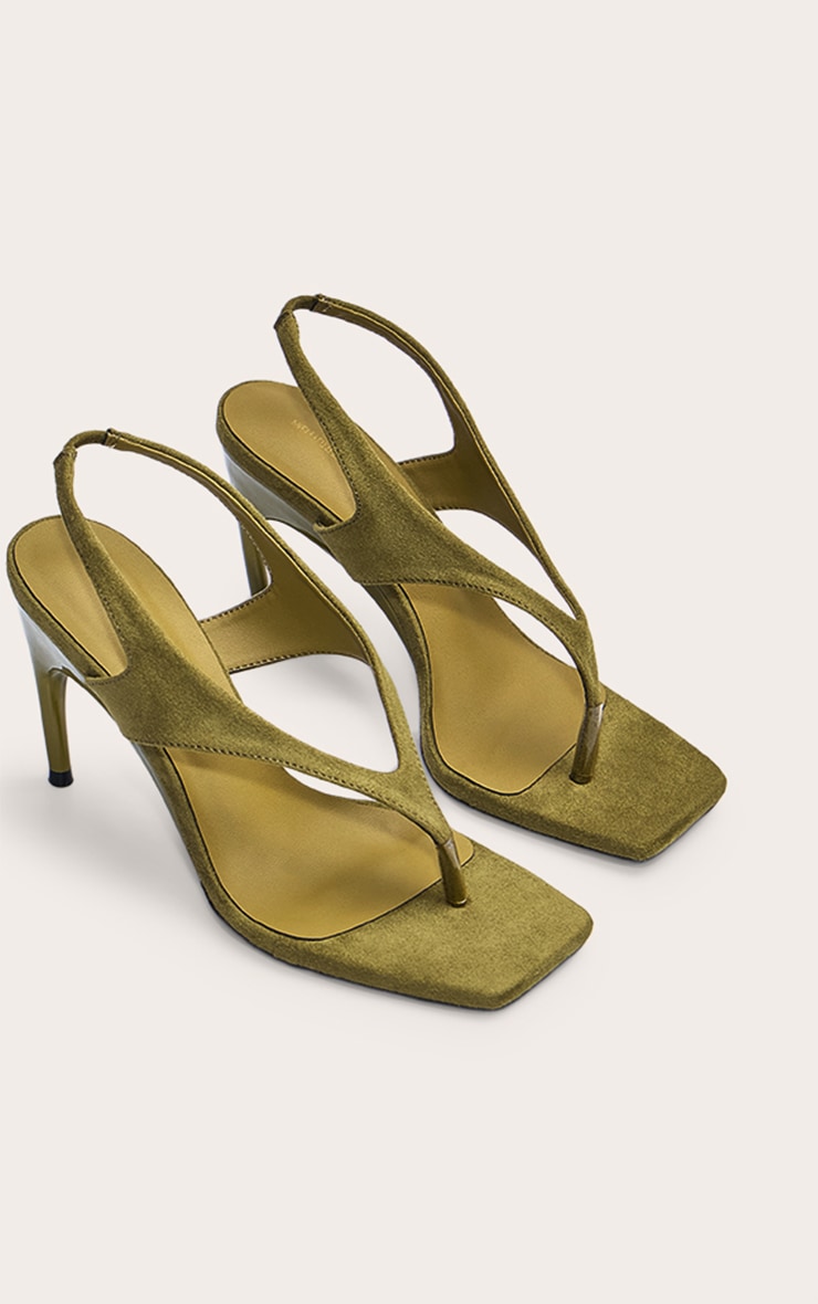 Sandales style tongs carrées en suédine vert olive à talon image 5