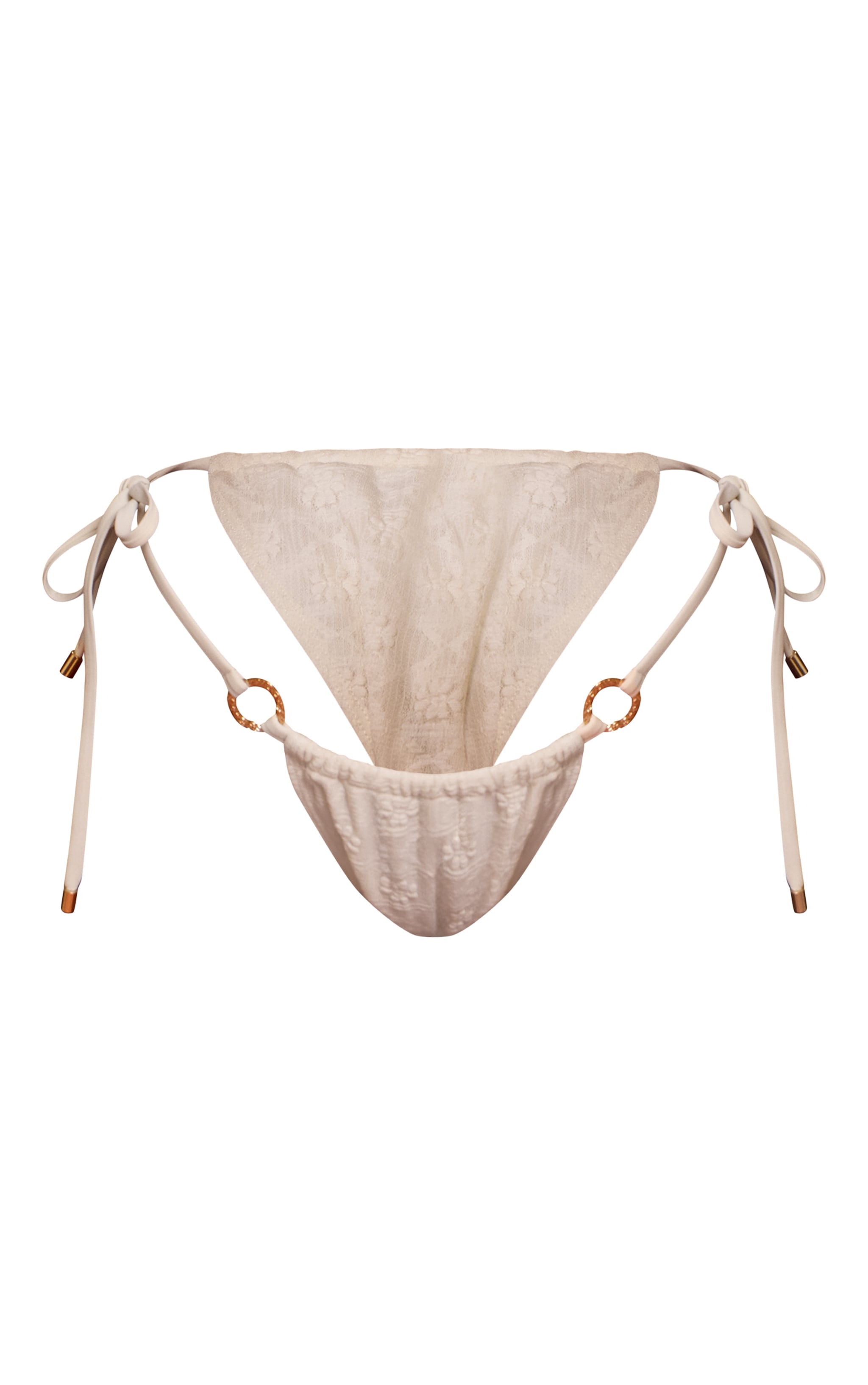 Cream Textured Floral O Ring Tie Side Bikini Bottoms image 5
