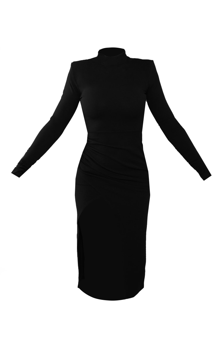 Black Crepe High Neck Split Sleeve Midi Dress image 5