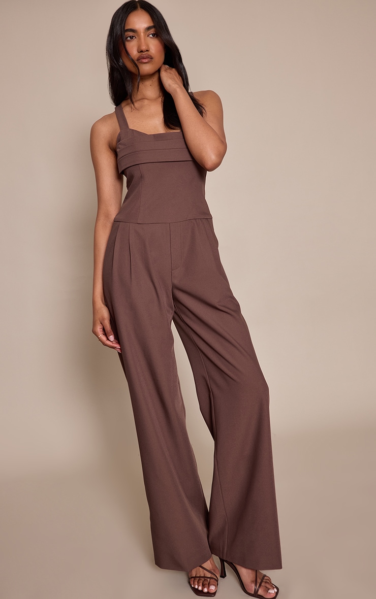 Chocolate Tailored Panel Detail Wide Leg Jumpsuit image 1