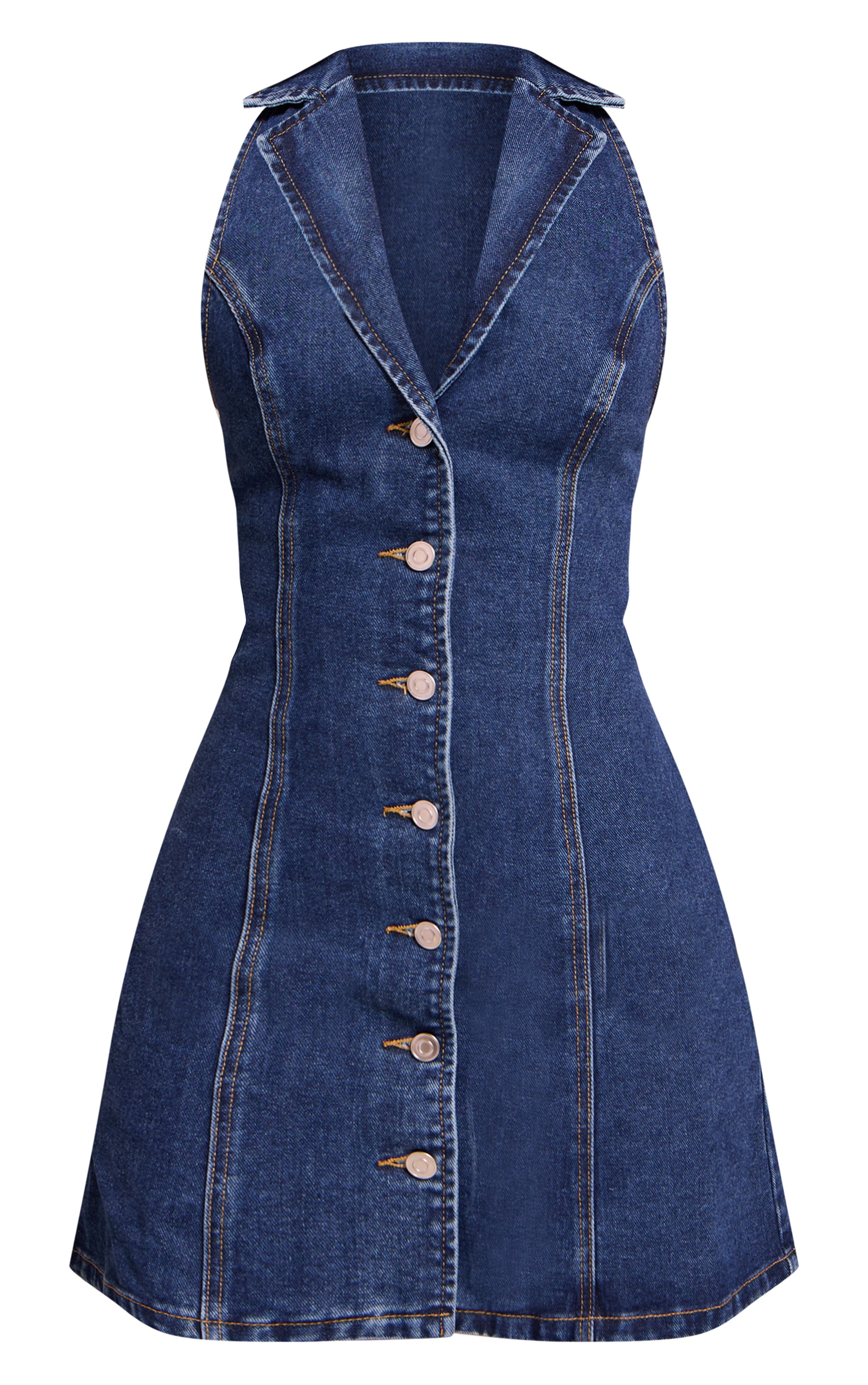 Petite Mid Blue Wash Button Up Lapel Detail Denim Mini Dress image 5