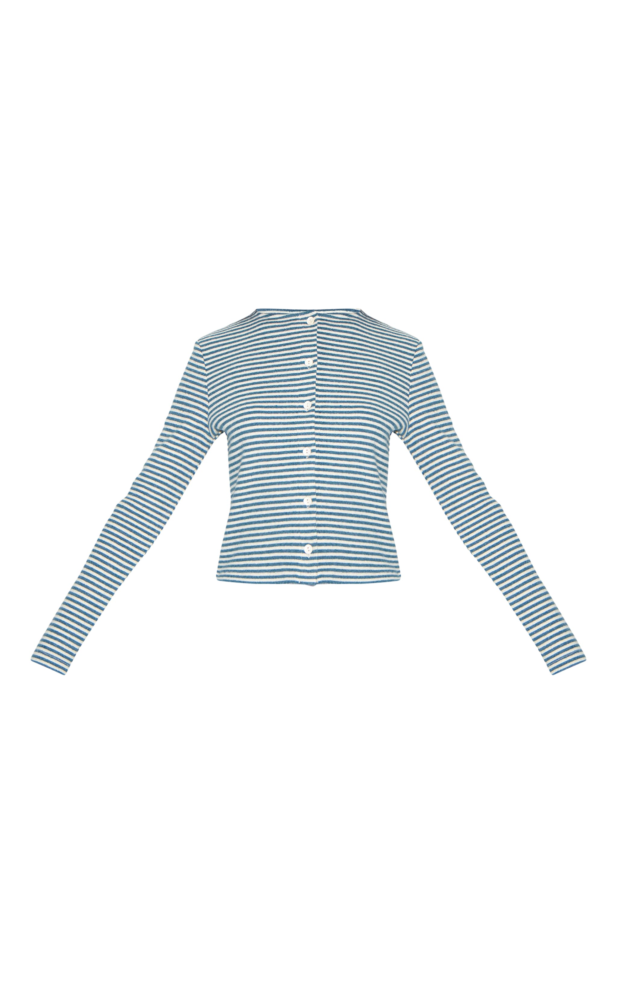 Blue Brushed Rib Striped Long Sleeve Button Up Top image 5