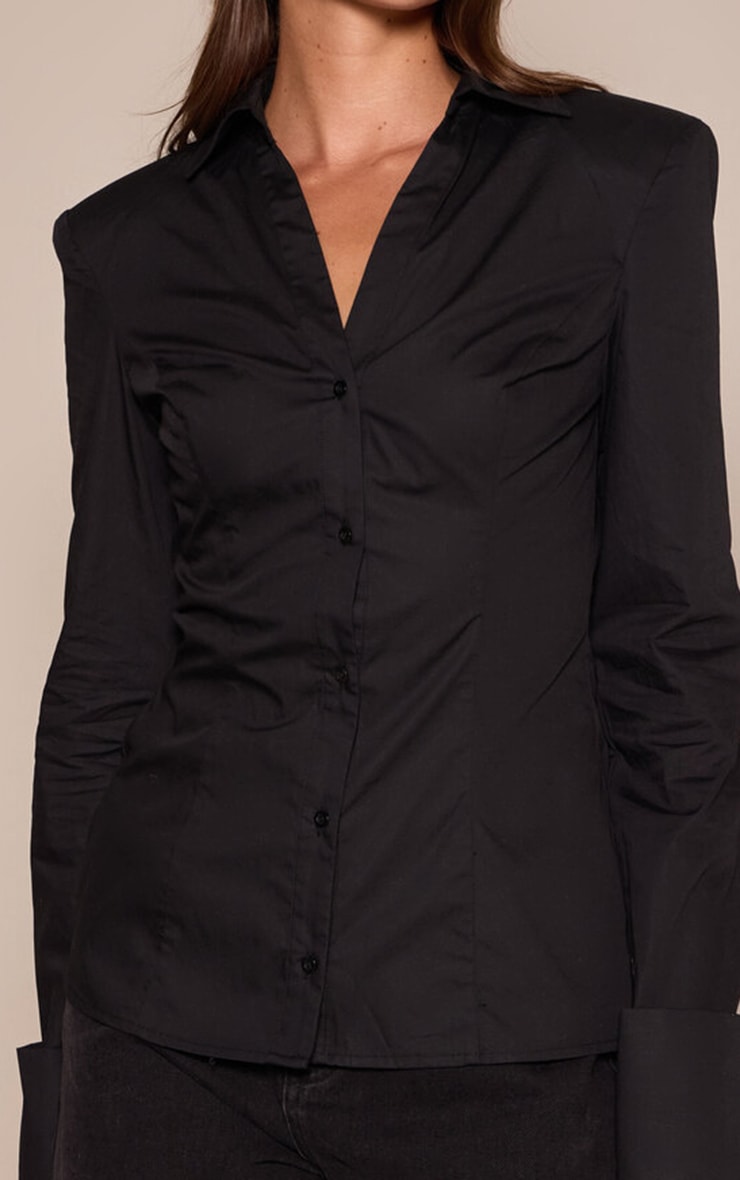Black Cotton Cinched Cuff Detail Shoulder Pad Shirt image 4