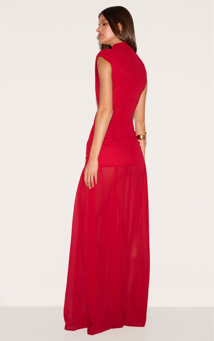 Red Chiffon Ruched Dropped Waist Sleeveless Maxi Dress image 2