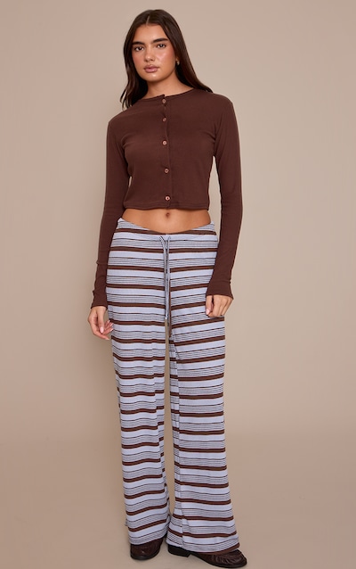 Blue Textured Stripe Drawstring Wide Leg Trousers