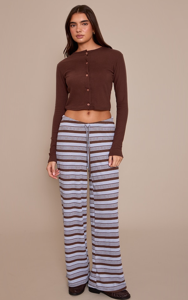 Blue Textured Stripe Drawstring Wide Leg Trouser