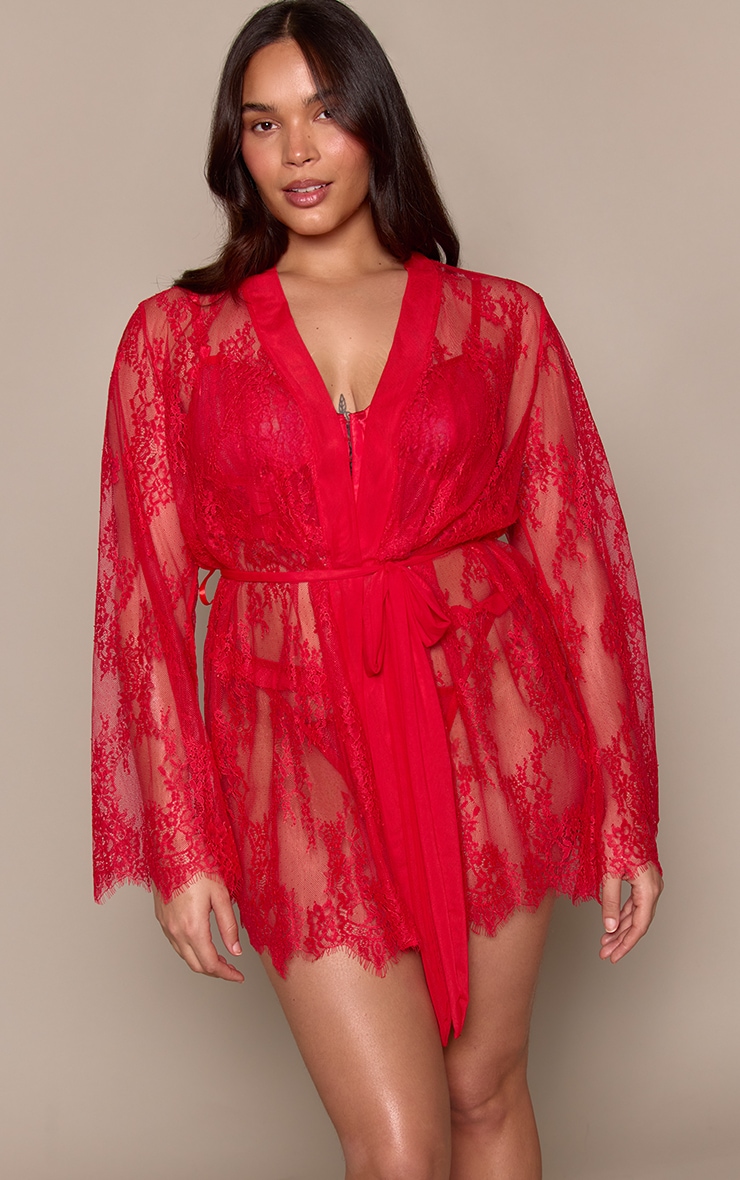 Plus Red Eyelash Flute Sleeve Maxi Lace Robe