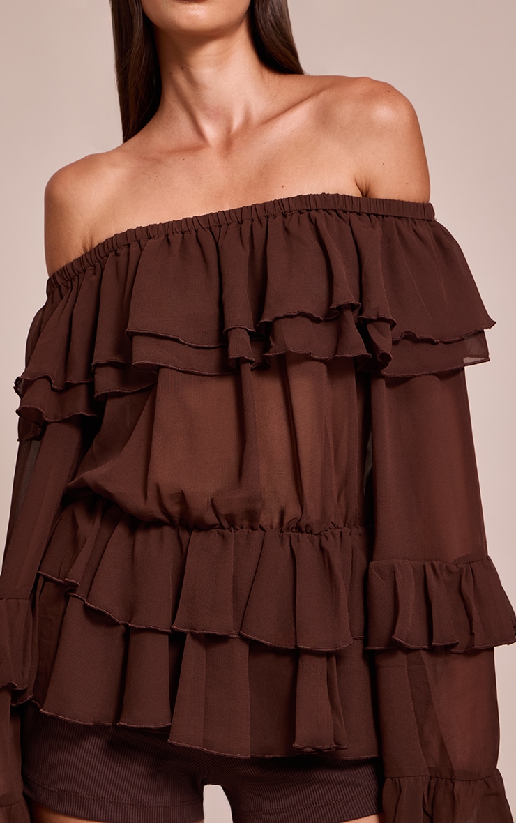 Chocolate Chiffon Tiered Ruffle Bardot Top image 4