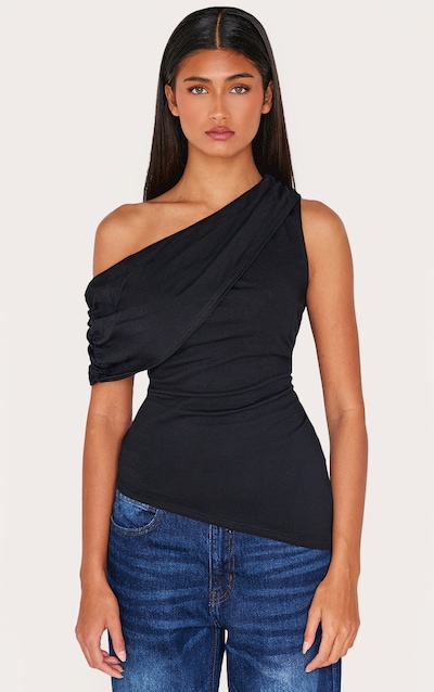 Black Fold Over Cotton Asymmetric Hem Long Top