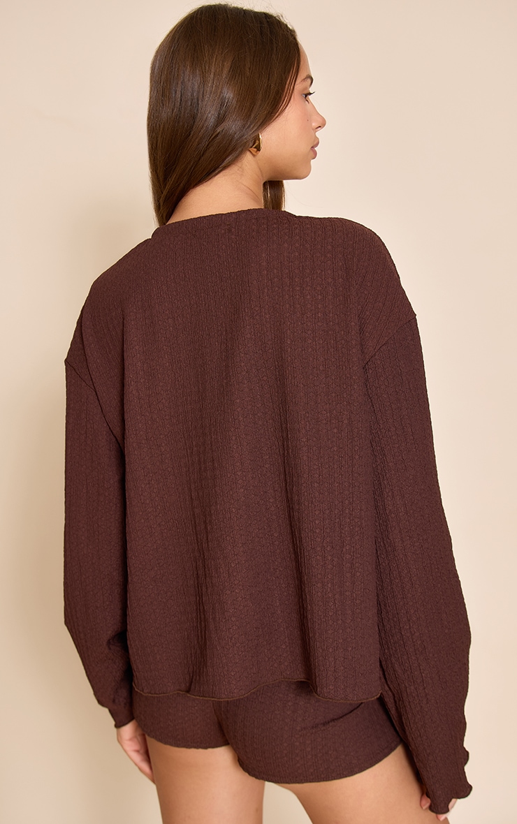 Chocolate Textured Tie Front Bead Detail Long Sleeve Top image 2
