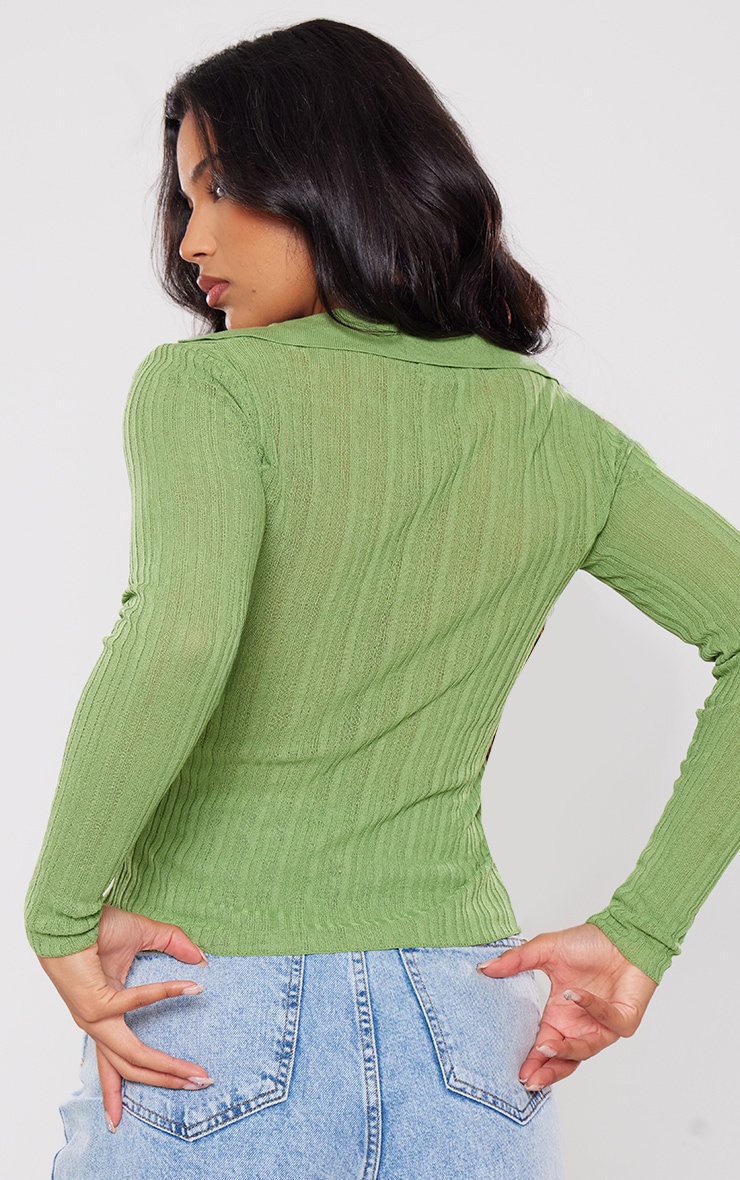 Pistachio Sheer Rib Knit V Neck Long Sleeve Top image 2