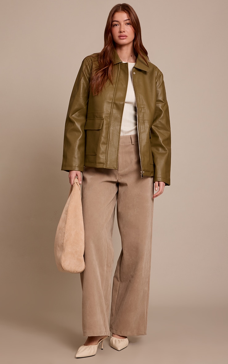 Khaki Faux Leather Oversized Jacket image 3
