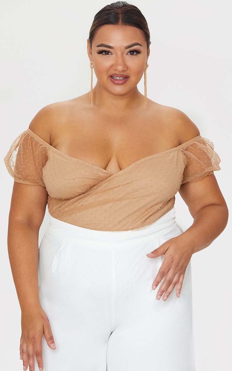 PLT Plus - Body en organza café à manches mesh à pois