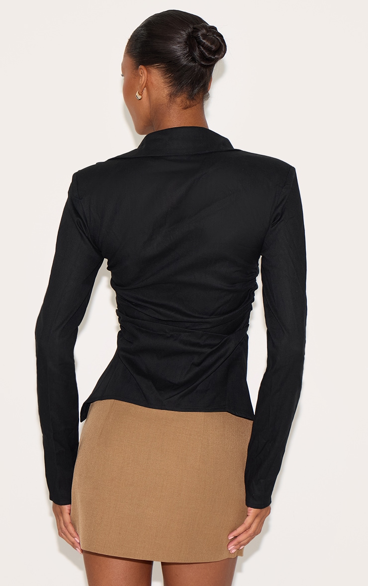 Black Linen Blend Shoulder Padded Fitted Shirt image 2