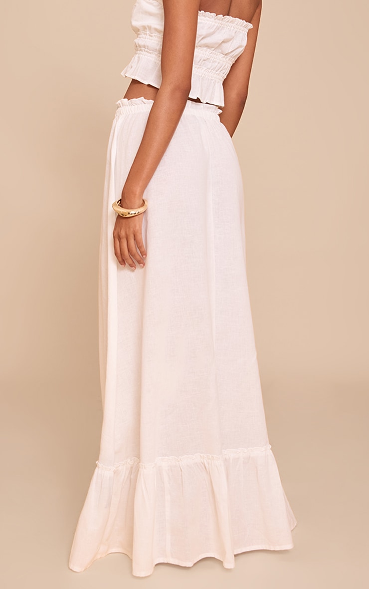 White Linen Blend Shirred Waist Maxi Skirt image 3