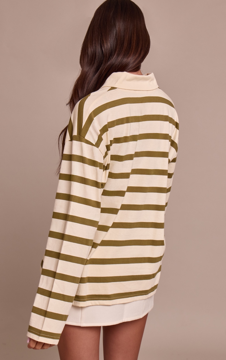 Sage Green Stripe Cotton Polo Collar Long Sleeve Top image 2
