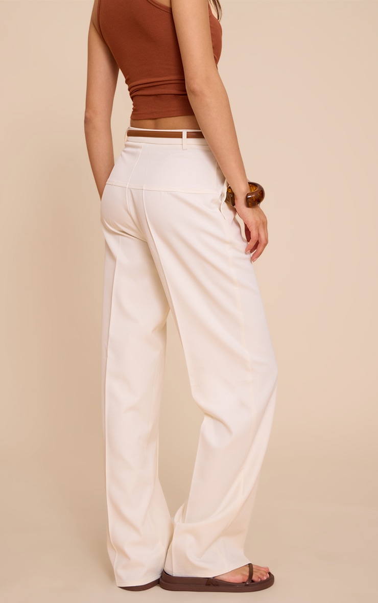 Cream Tailored Thick Belted Waistband Detail Wide Leg Trousers image 3