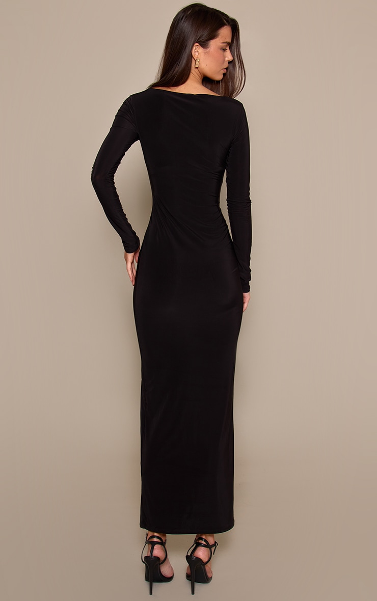 Black Double Layer Slinky Long Sleeve Maxi Dress image 2