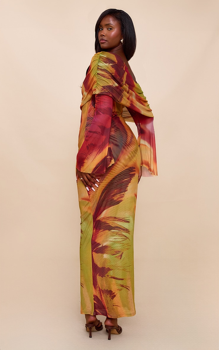 Orange Feather Print Lined Mesh Long Sleeve Maxi Dress image 2
